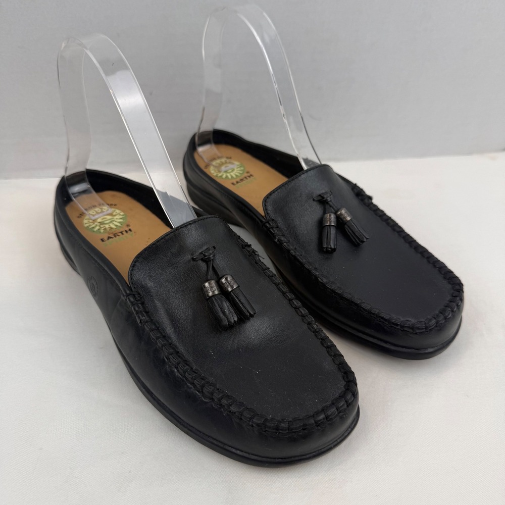 Earth Spirit Nora Black Leather Tassel Mules Loafers Womens 7.5 Gelron 2000